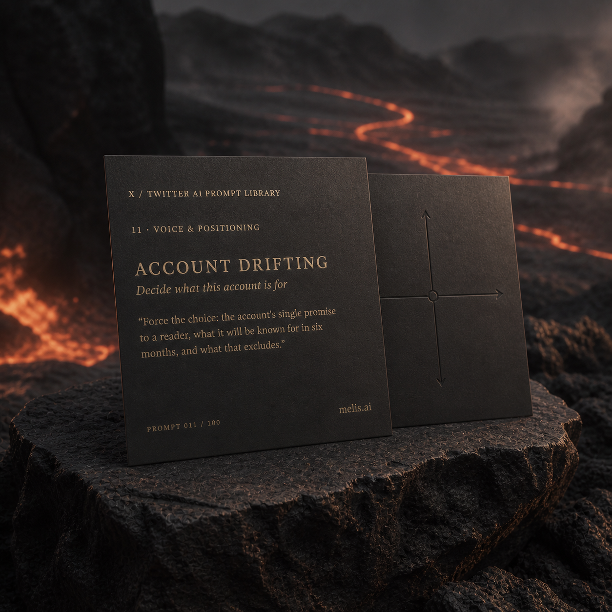 Two charcoal X / Twitter prompt cards on basalt, led by Decide what this account is for