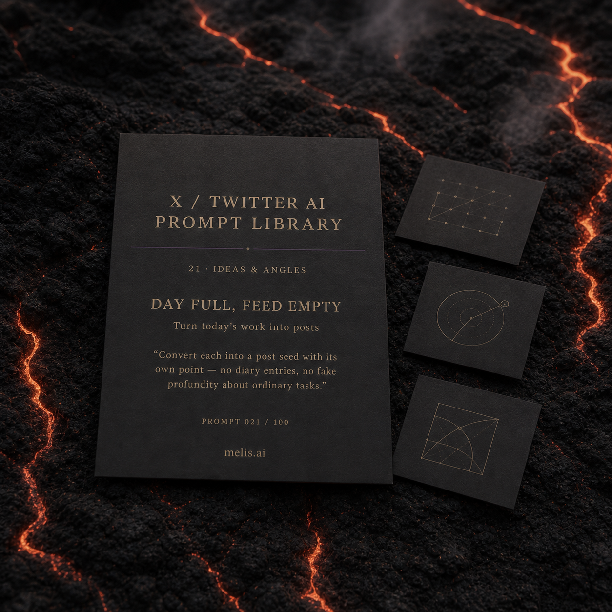 X / Twitter post-ideas prompt card with abstract post-seed slips among narrow lava fissures