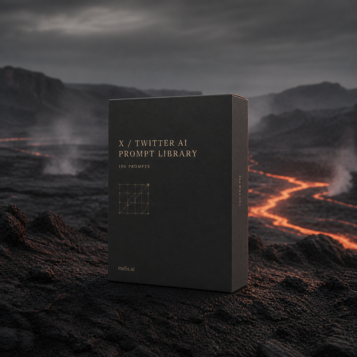 The X / Twitter AI Prompt Library presentation box on black volcanic terrain