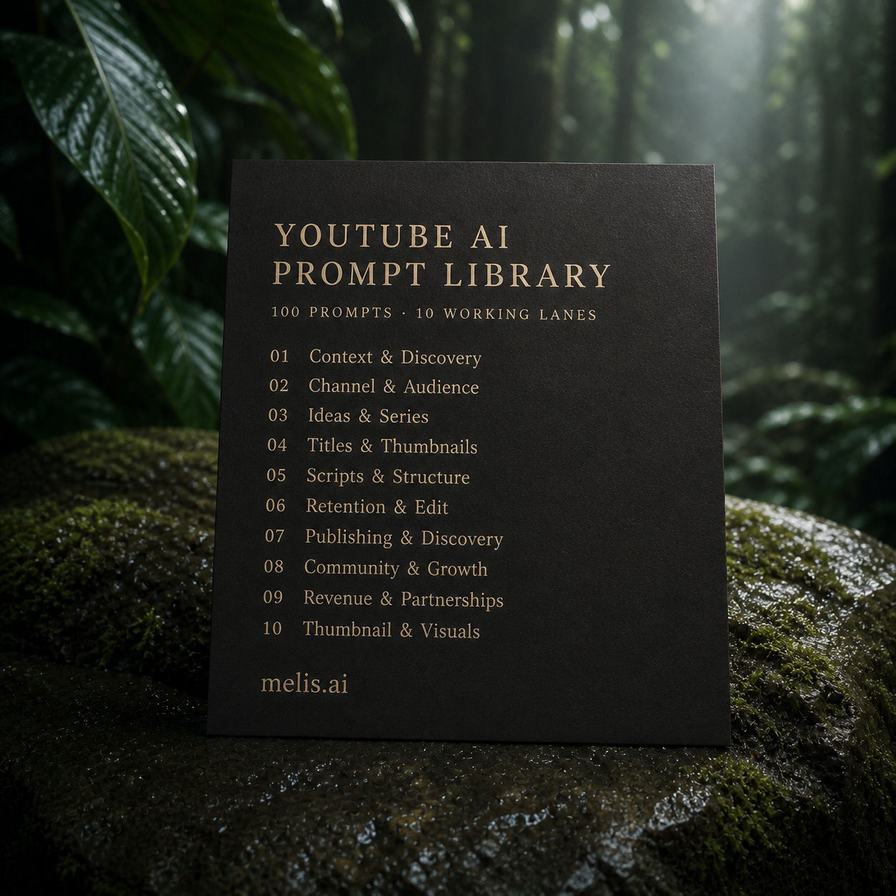 Thin charcoal YouTube prompt-library contents card on wet moss in a rainforest, listing all ten verified working lanes