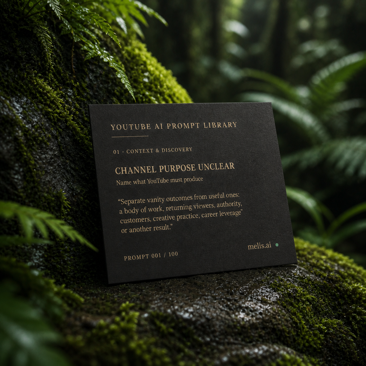 Charcoal YouTube prompt card on wet moss showing the verified Name what YouTube must produce prompt