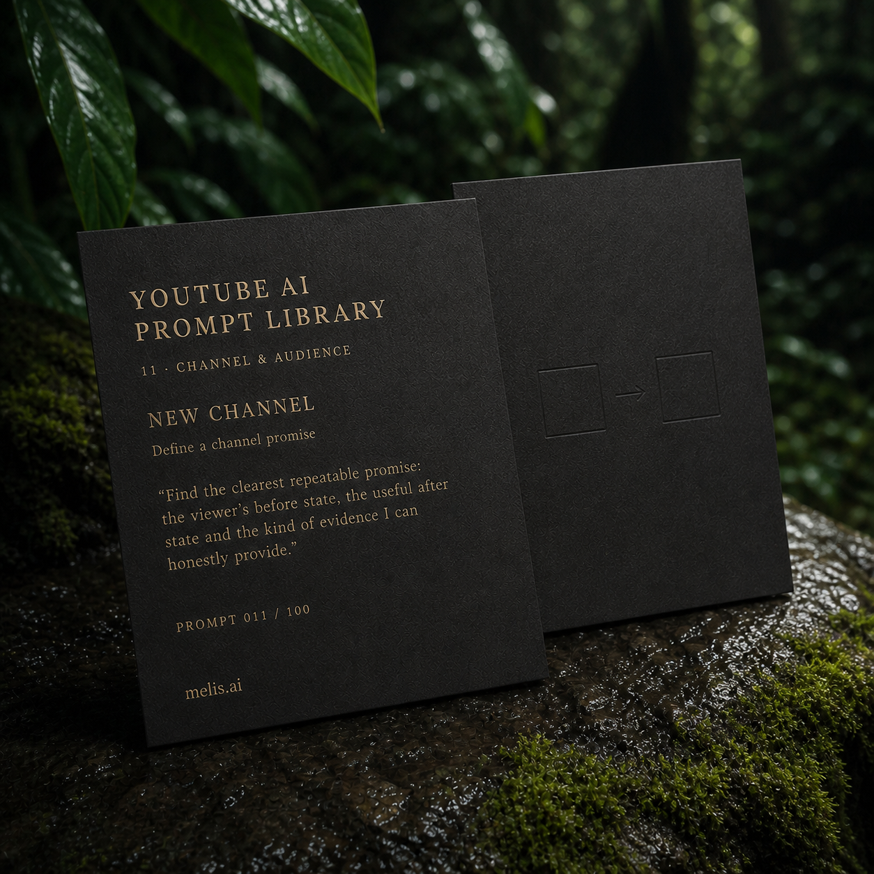 Two overlapping charcoal YouTube prompt cards in the rainforest, led by Define a channel promise and a before-to-after diagram