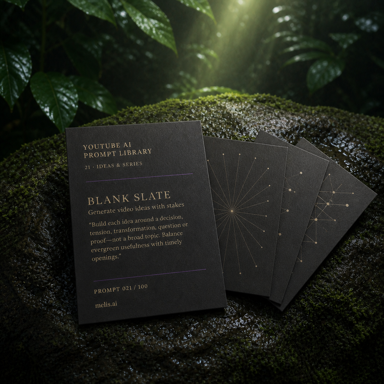 YouTube ideas prompt card and abstract idea slips on wet moss beneath filtered rainforest light