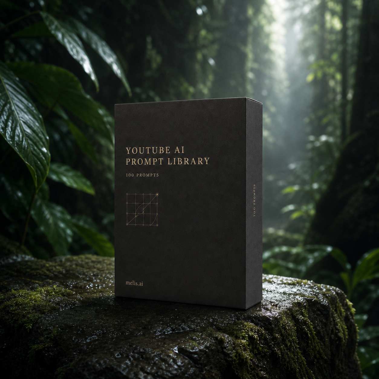 The YouTube AI Prompt Library presentation box in a wet dark rainforest
