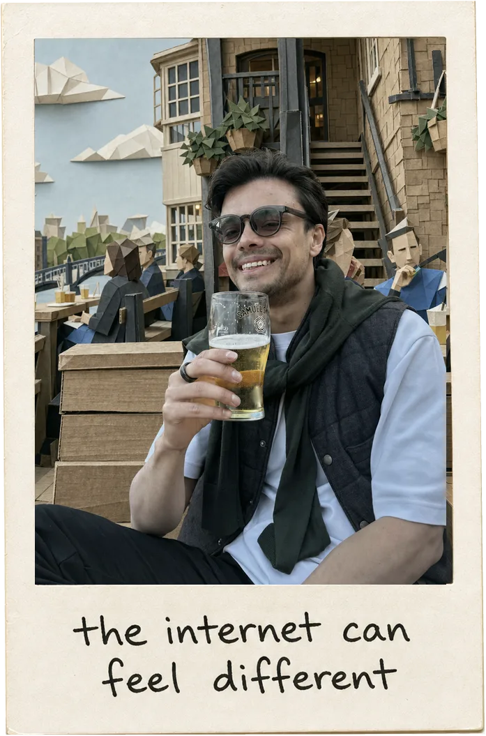 A tactile Polaroid of Sean Melis drinking a beer, captioned ‘the internet can feel different’