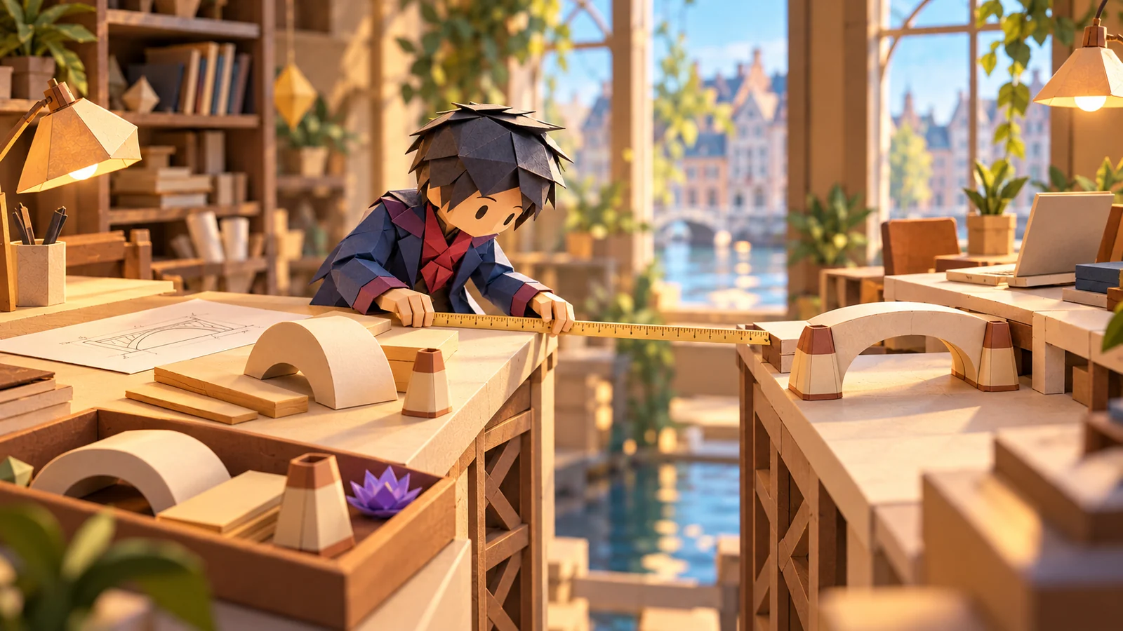 Miniature paper consultant measuring a small bridge before assembling it from a limited set of components.