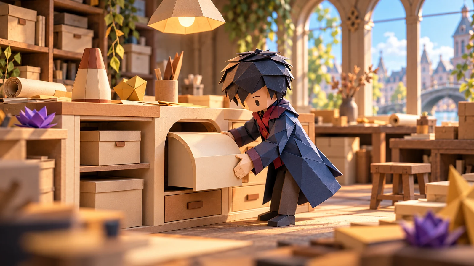Paper craftsperson fitting a custom-shaped drawer while useful standard boxes remain on nearby shelves.