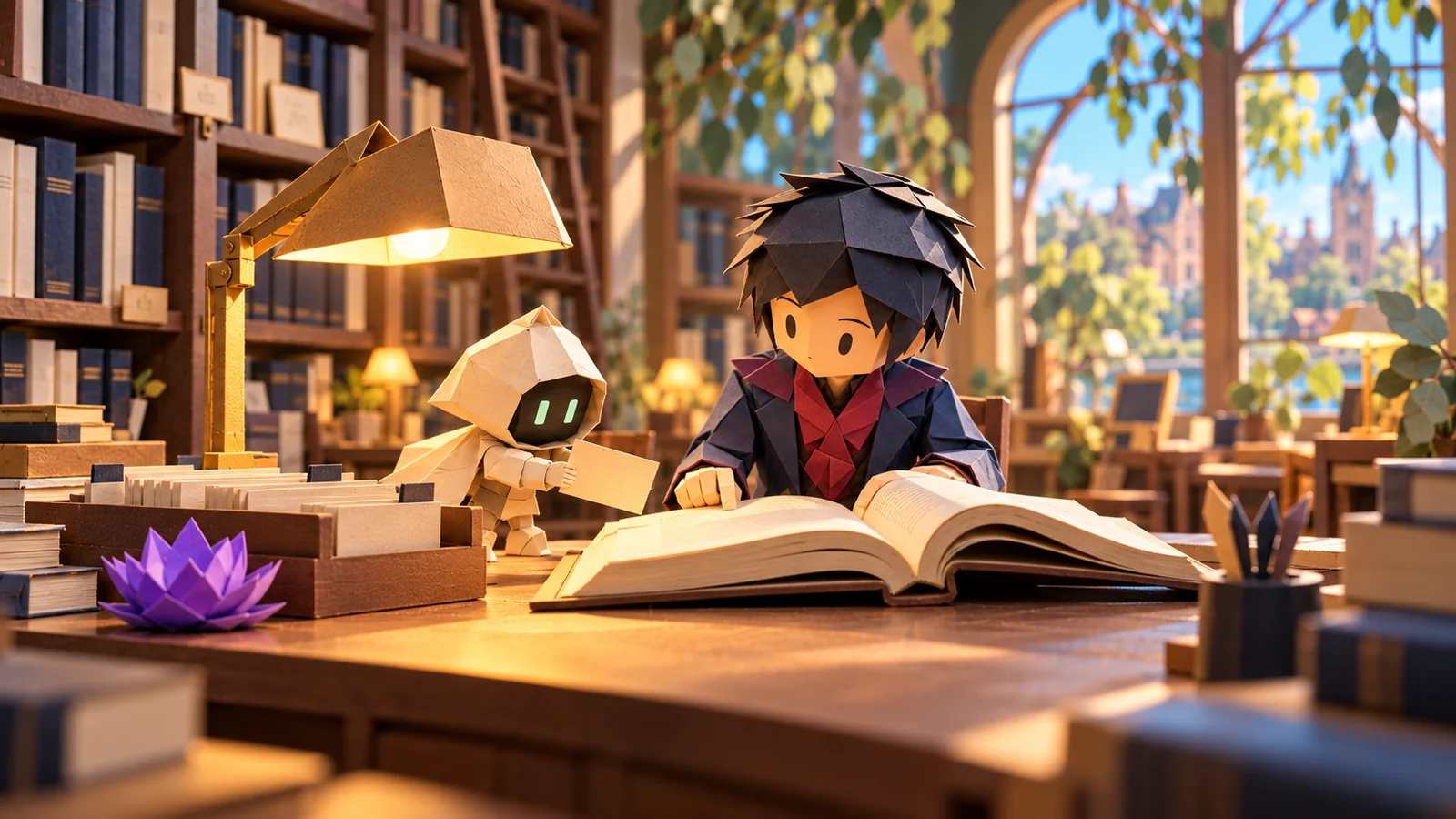 A paper library where a small AI helper directs a reader to a clearly presented source book.