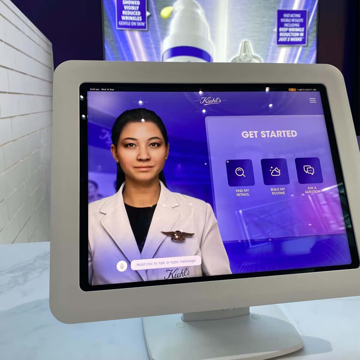 The delivered Kiehl’s Eve retail interface: a digital skincare advisor alongside Find My Retinol, Build My Routine and Ask A Question choices.
