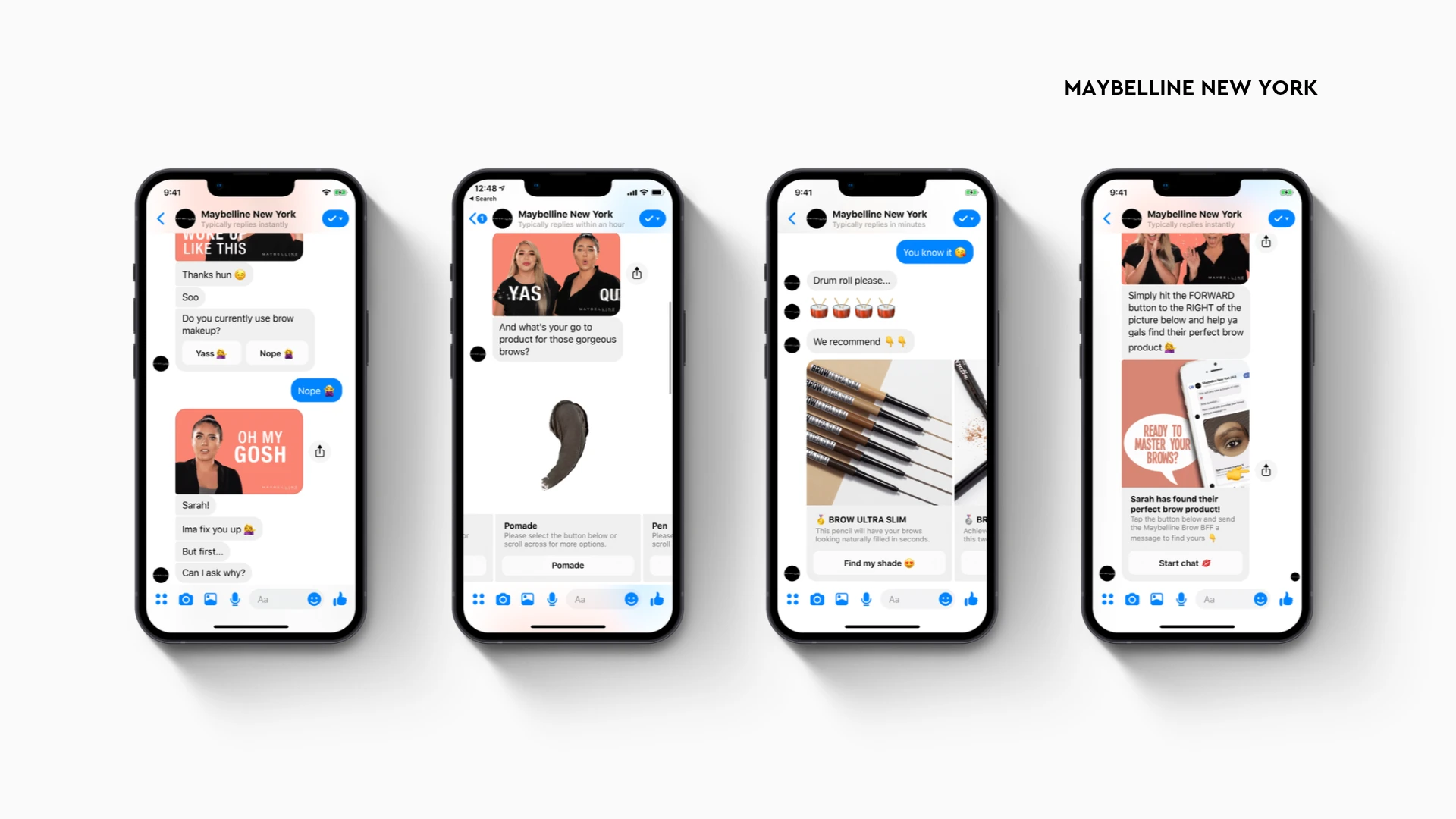 Four original phone mock-ups from the Canva lookbook showing Maybelline’s earlier eyebrow-product campaign: questions, product preferences, recommendations and sharing.