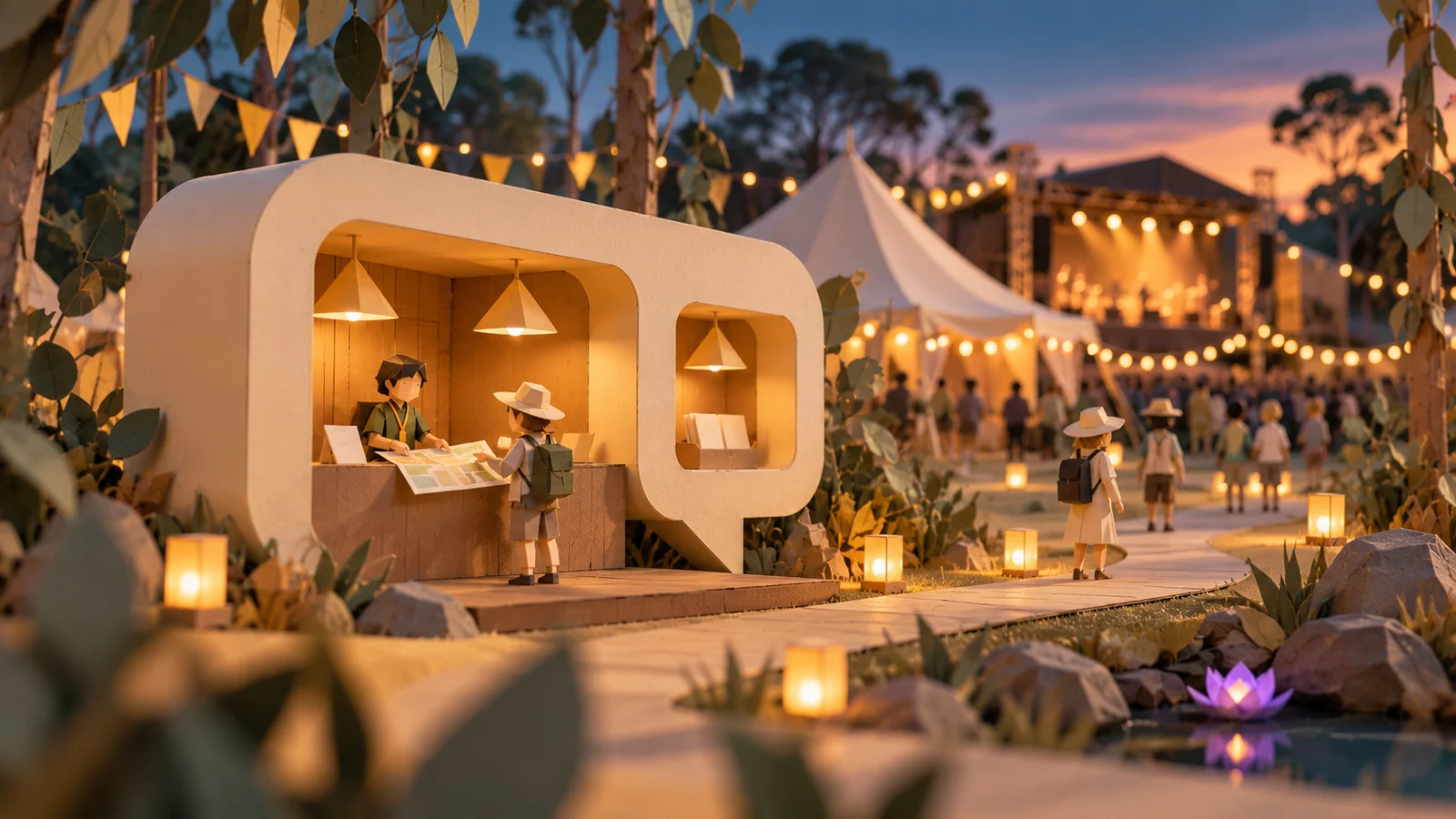 Papercraft festival information pavilion with answer cards, a human helper and paths towards the stage, illustrating Secret Sounds’ automated support and escalation.
