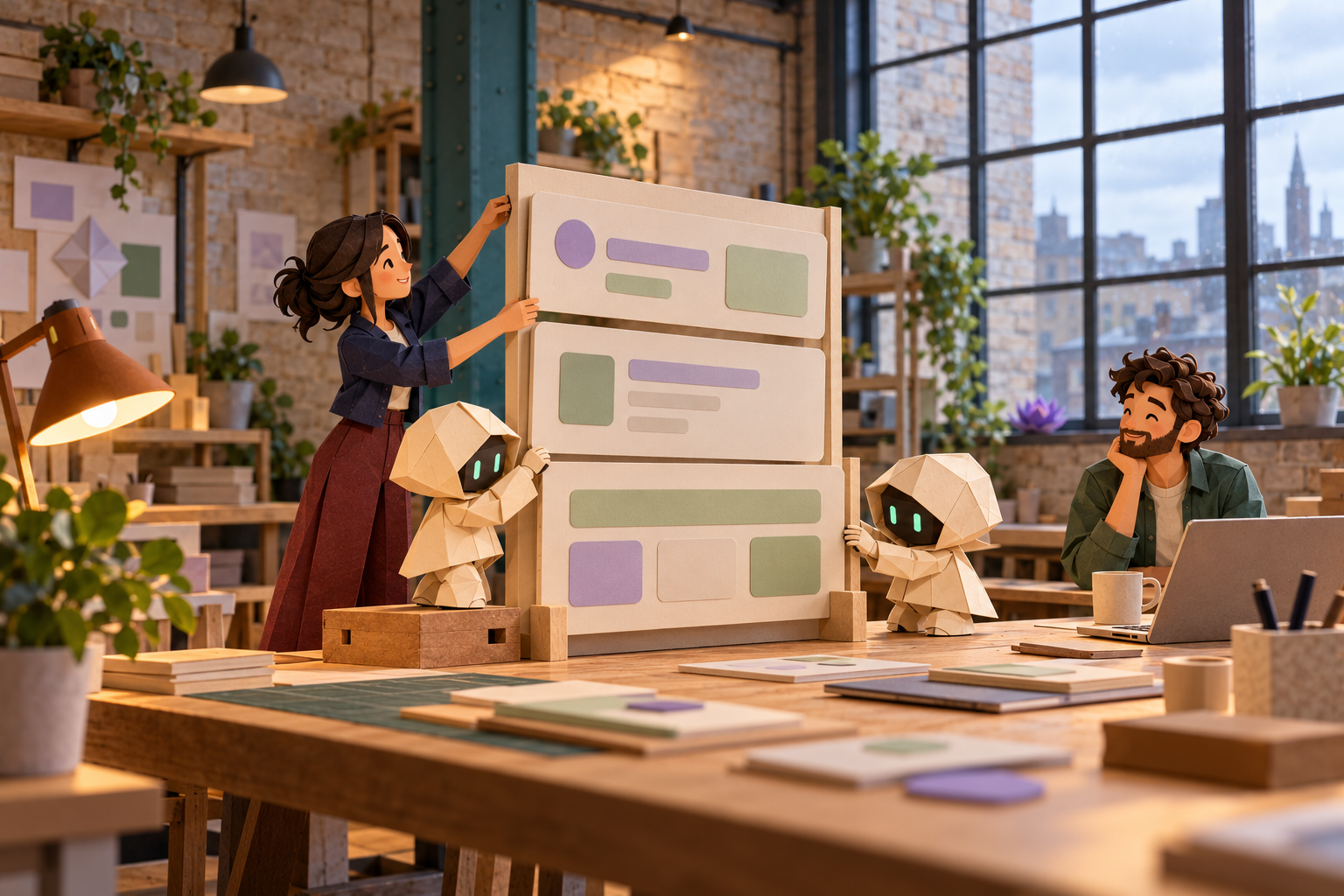 Paper makers and cream helpers assemble a single interface from three large card panels in an imagined brick warehouse workshop.