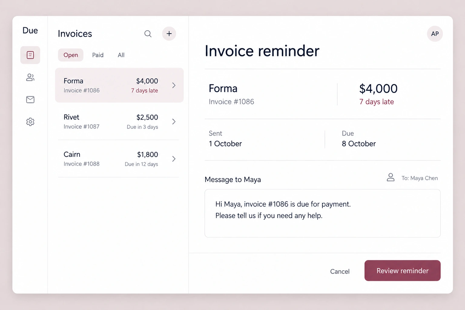 A minimalist receivables inbox with an outstanding invoice and a courteous reminder draft.