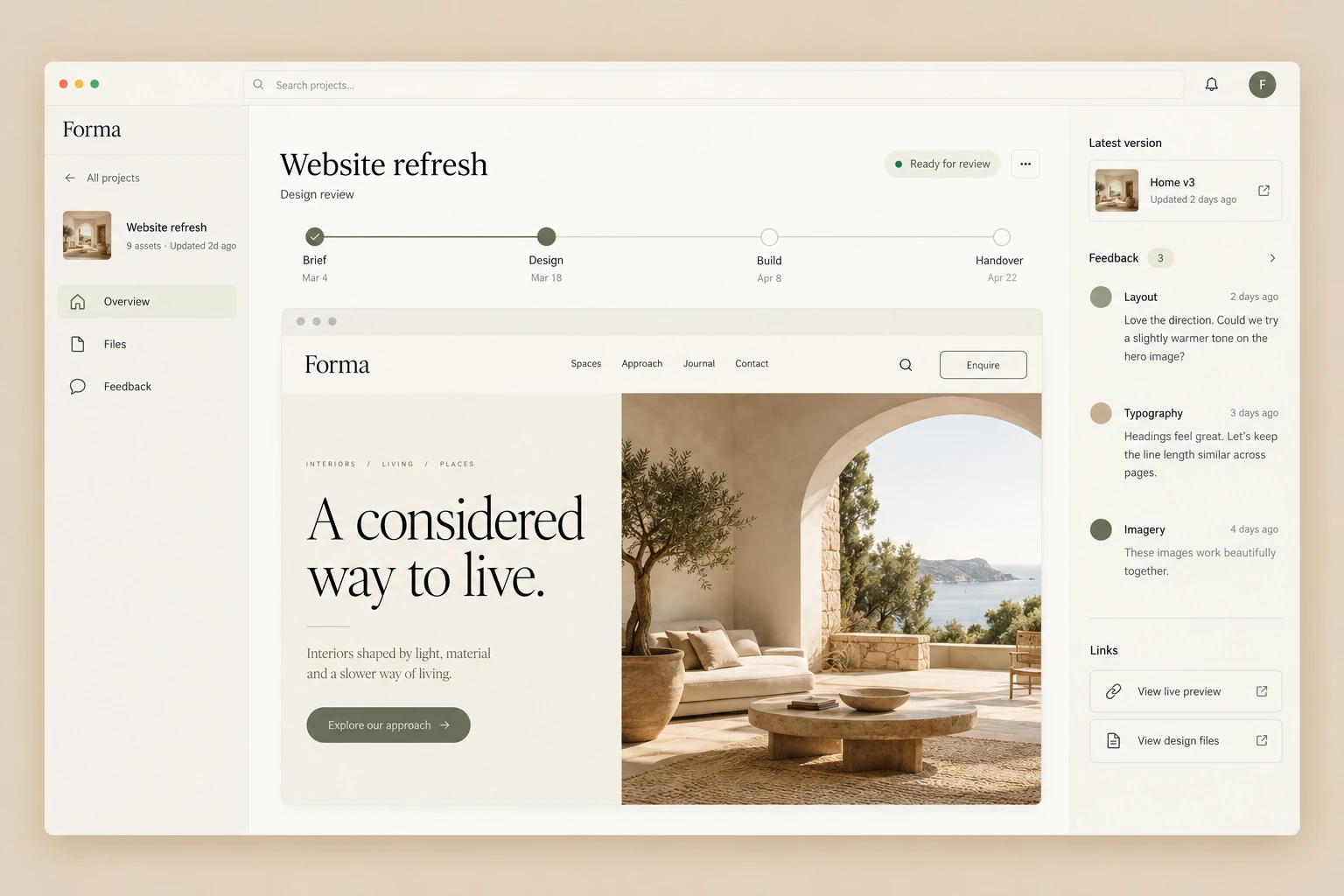 A light Forma client portal mock-up with project milestones, shared design work and client feedback.