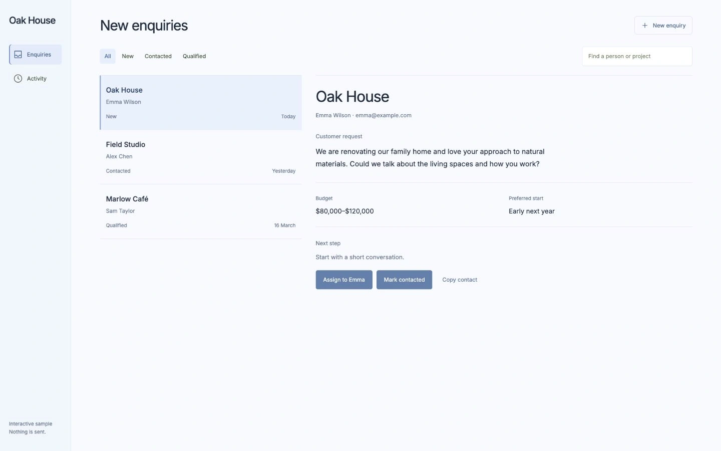 The current Oak House enquiry workspace with three enquiries, a selected request and clear next actions.
